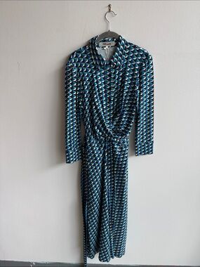 Diane Von Furstenberg Teal, Navy & White Geometric Wrap Dress
